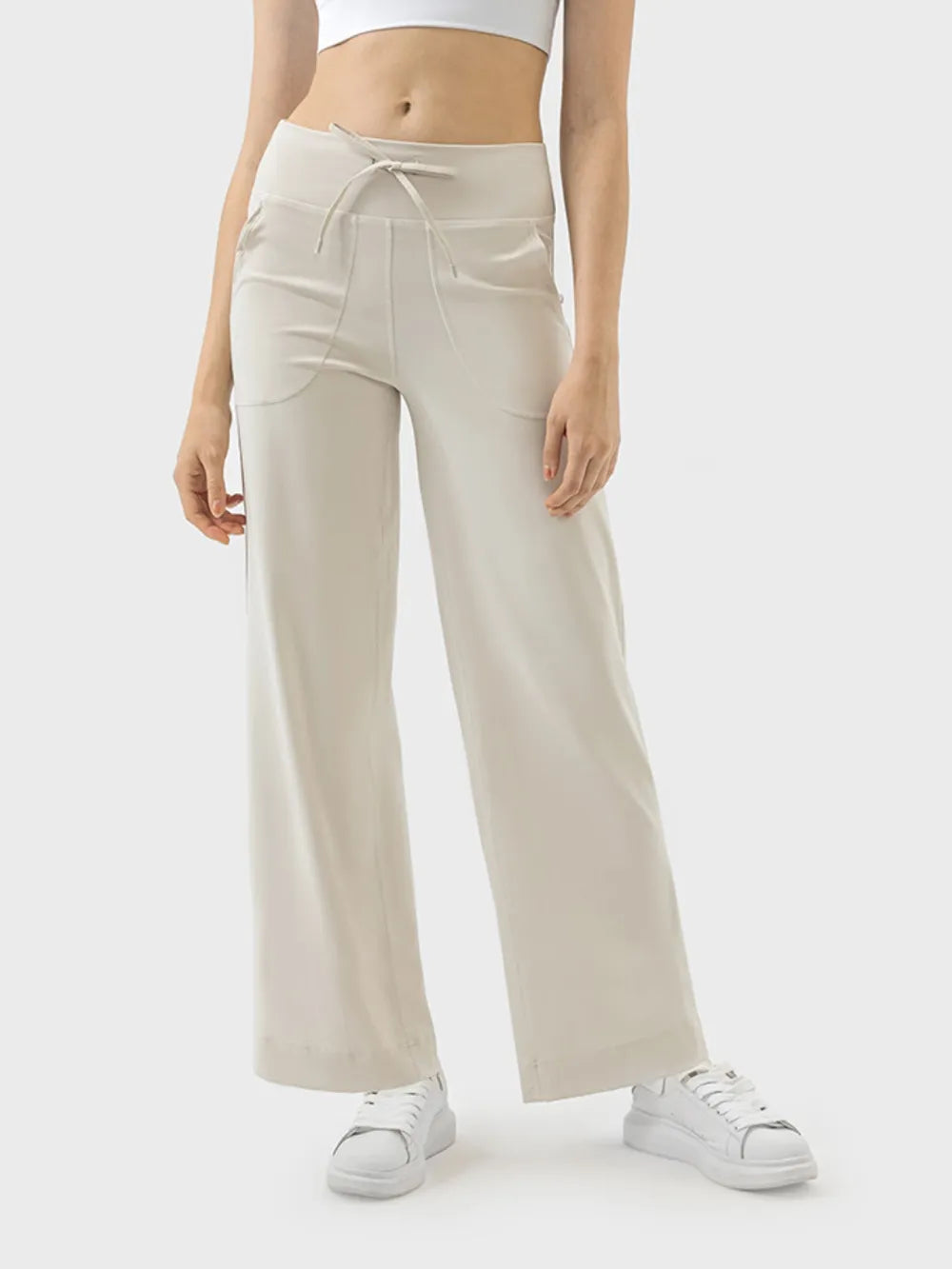 Cream Wide-leg drawstring active pants with pockets