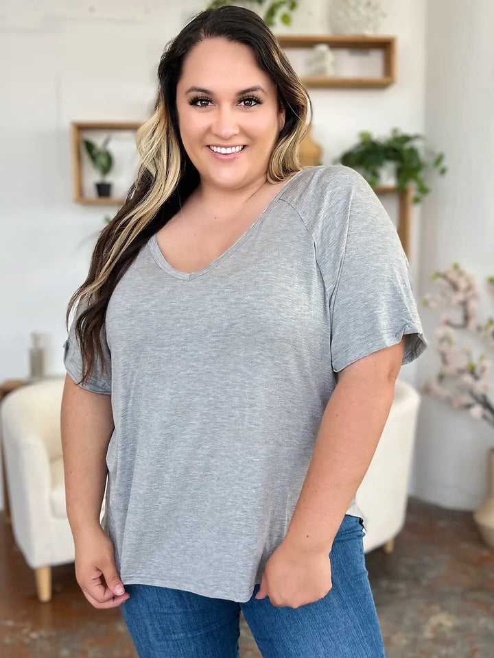 Relaxed bamboo V-neck short sleeve tee with side slits
