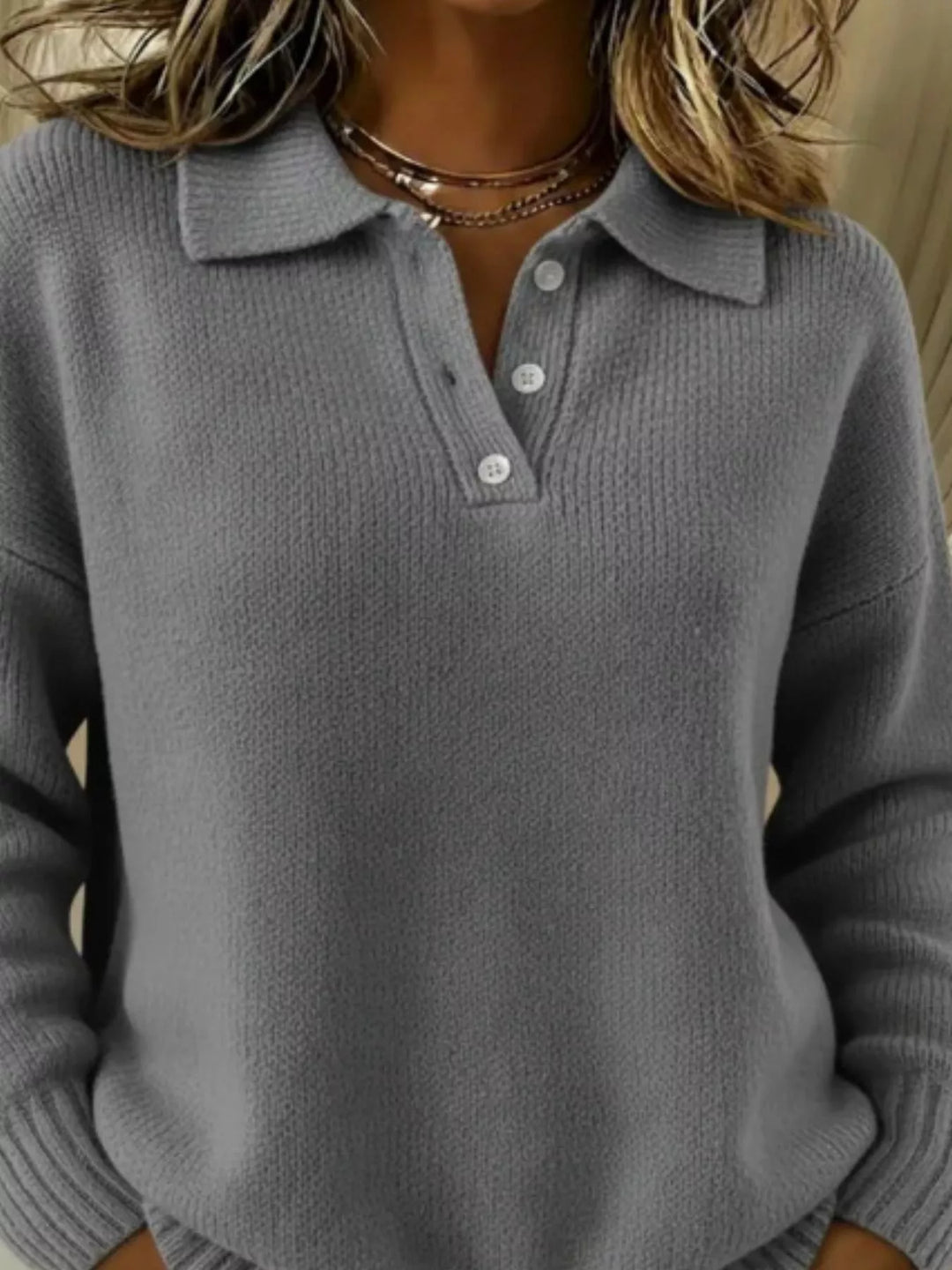 Grey Half-button collar drop-shoulder pullover sweater