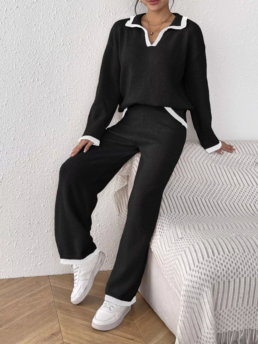 Contrast trim polo collar sweater and wide leg pants set