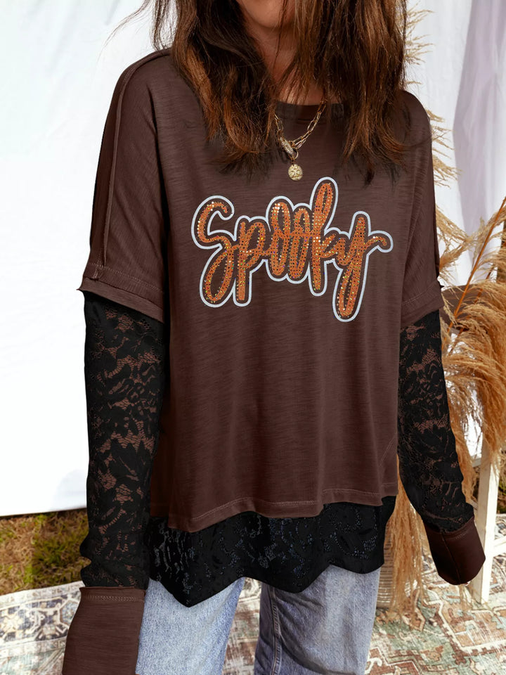 Chocolate Spooky sequin graphic tee with lace patchwork long sleeves