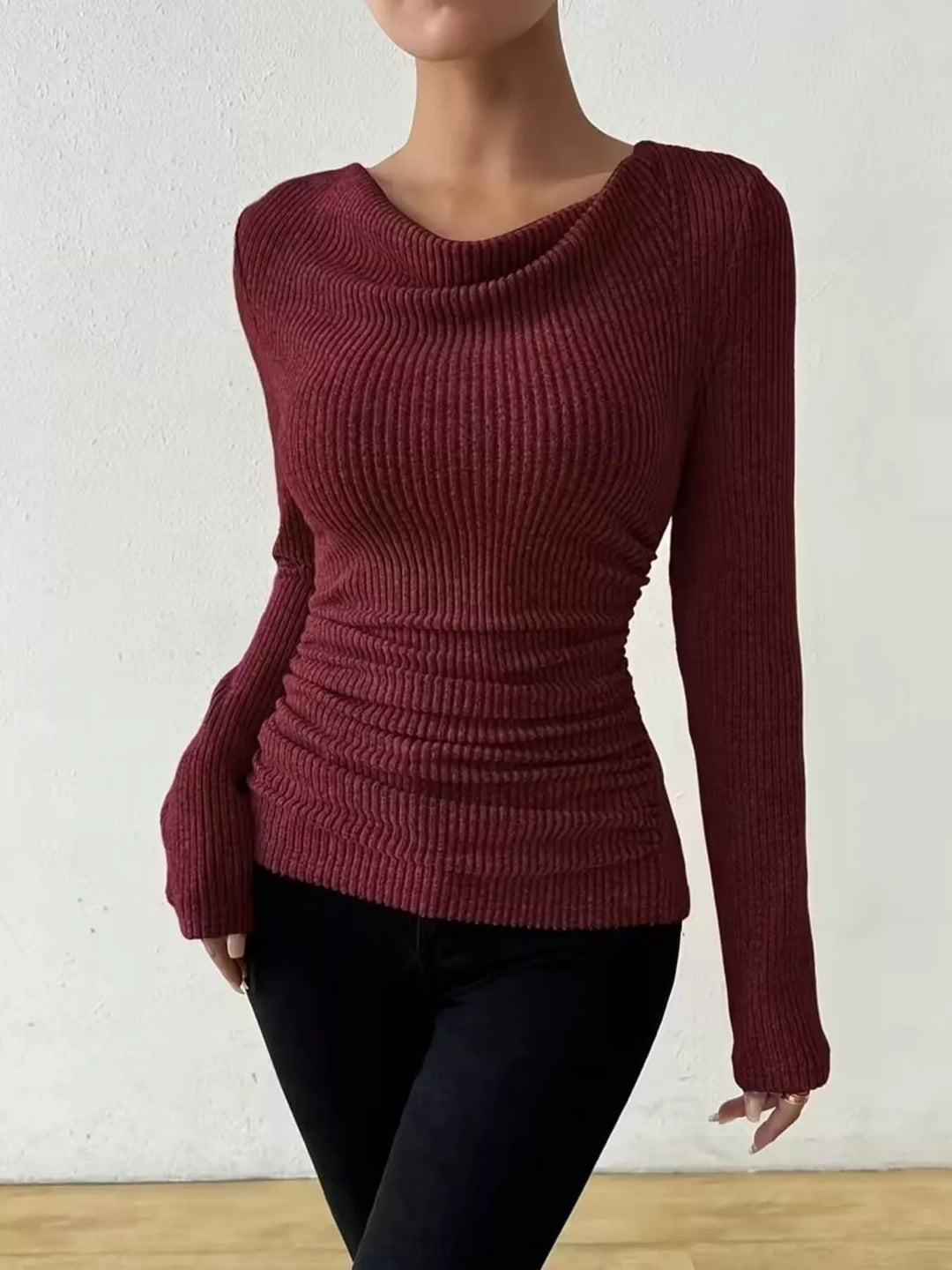 Burgundy Ruched cowl neck ribbed knit long sleeve top