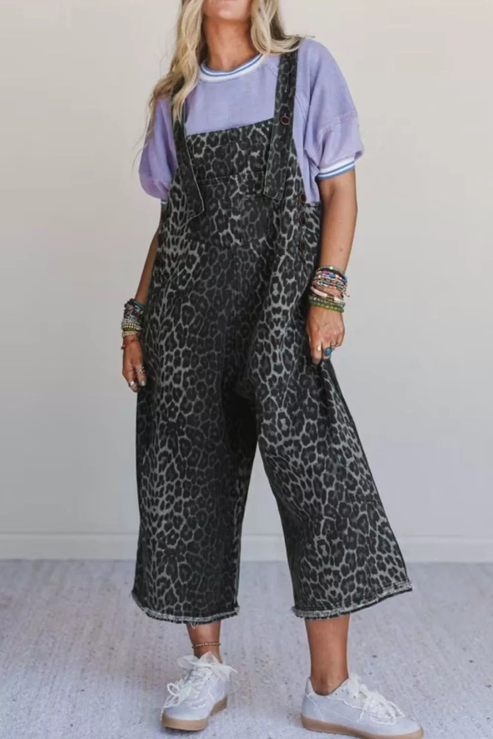 Leopard print cropped wide-leg denim overalls with raw hem