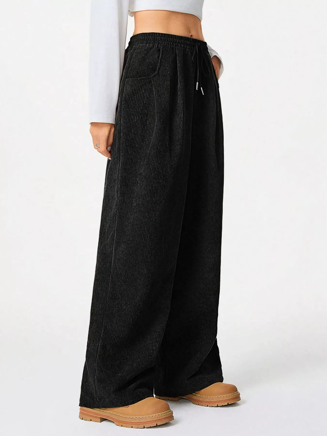 Black Wide-leg corduroy drawstring pants with pockets