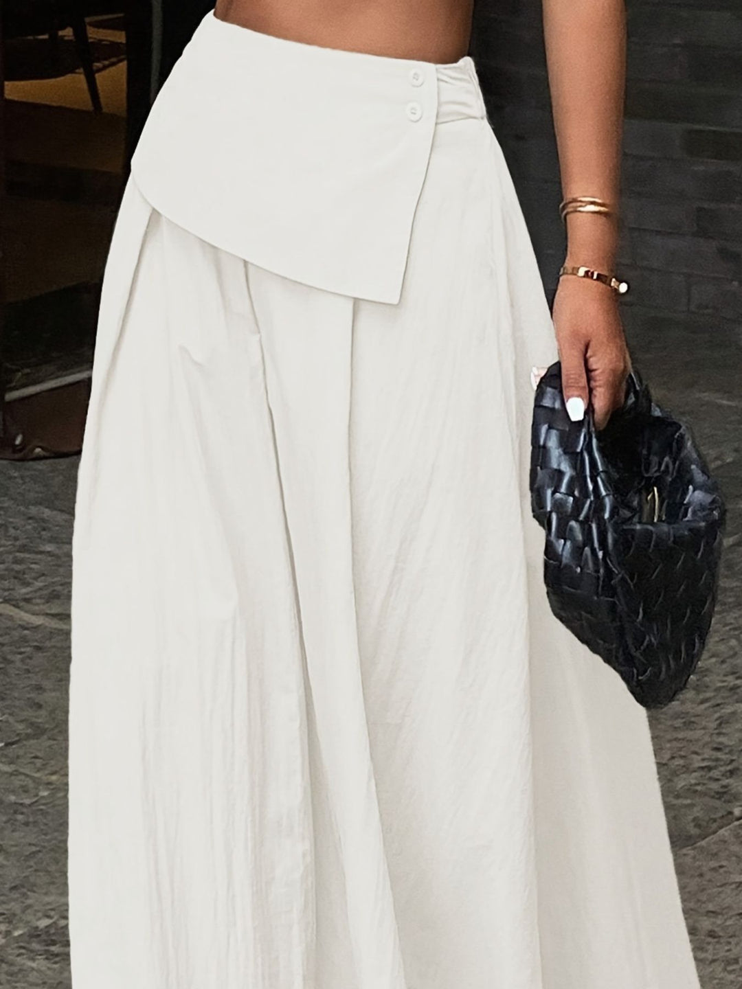 White Pleated high-waist maxi skirt with button-front overlay