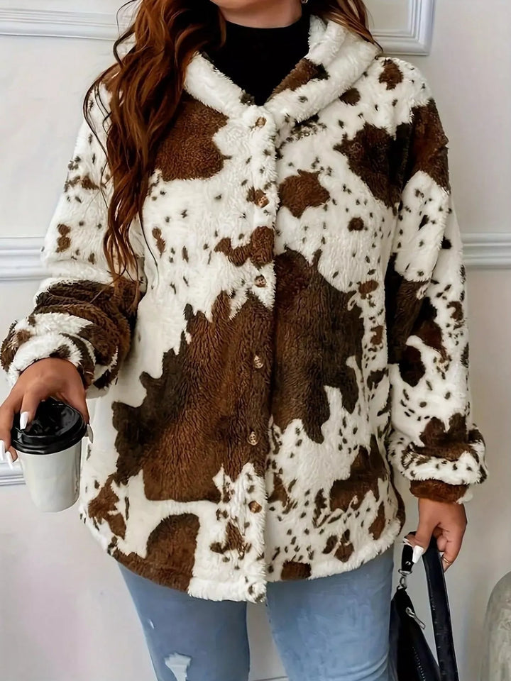 Cow print plush fleece hooded jacket with button front