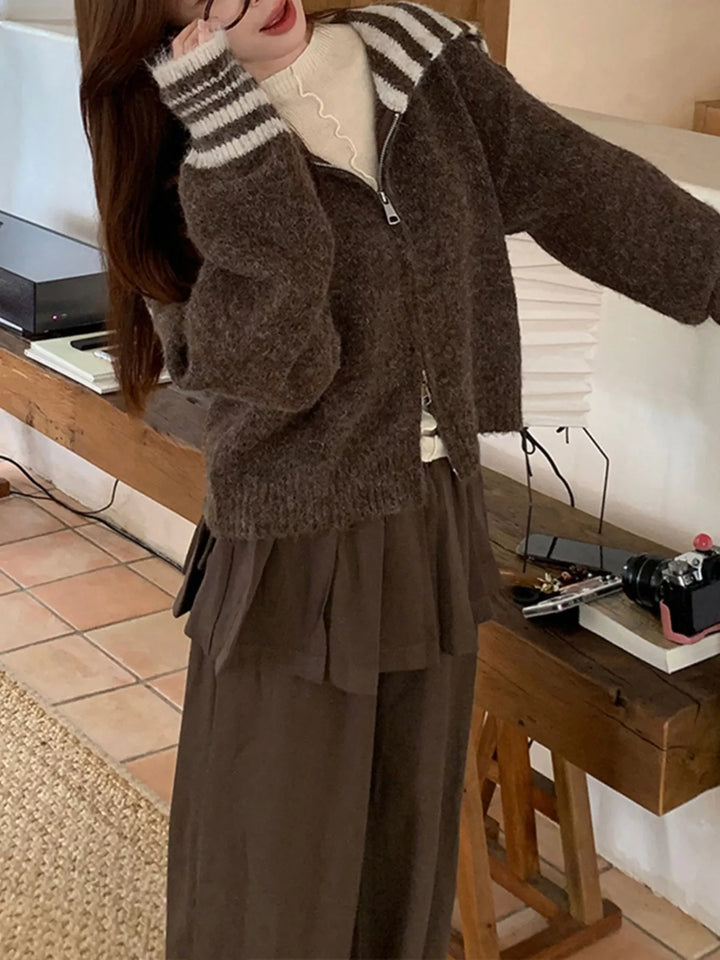 Striped trim zip-up knit cardigan with collar