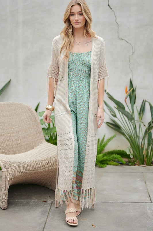 Solid Long Cardigan With Fringe - Azoroh