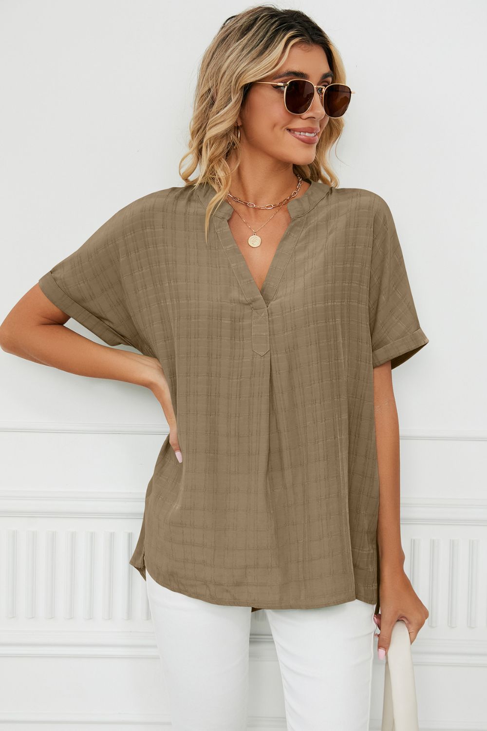 Camel Notched neck cuffed short sleeve blouse with side slits