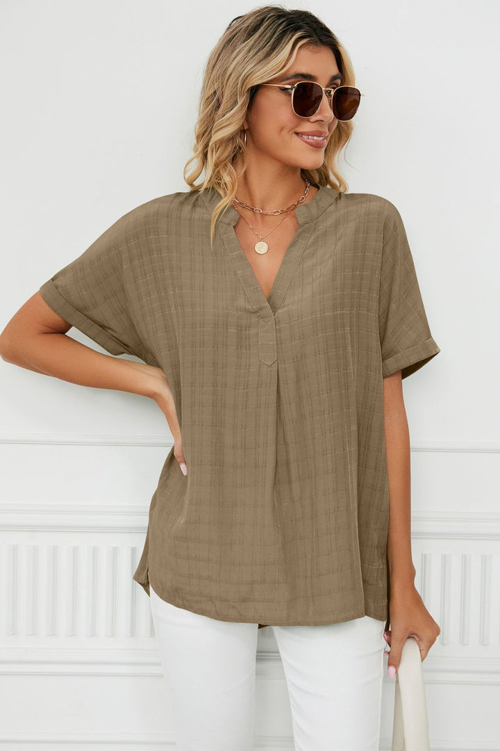 Camel Notched neck cuffed short sleeve blouse with side slits