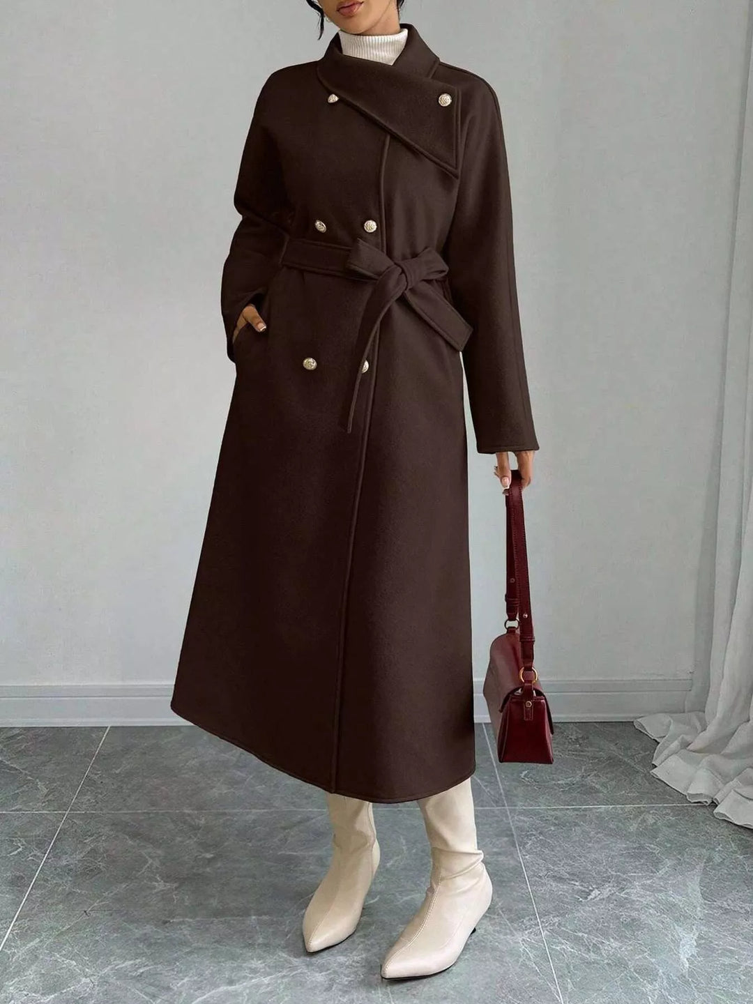 Red Double-breasted belted longline coat with stand collar