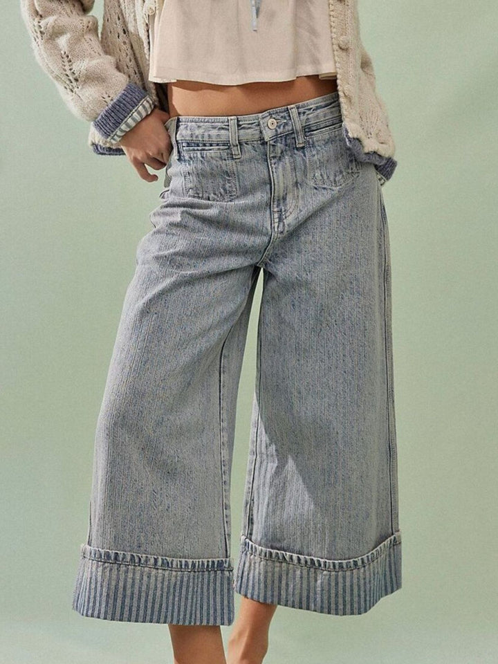 Light Blue Wide-leg cropped jeans with deep cuffed hem and center seam