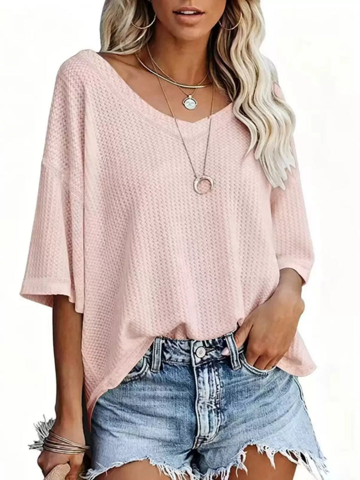 Lotus Color Waffle knit v-neck drop shoulder short sleeve tee