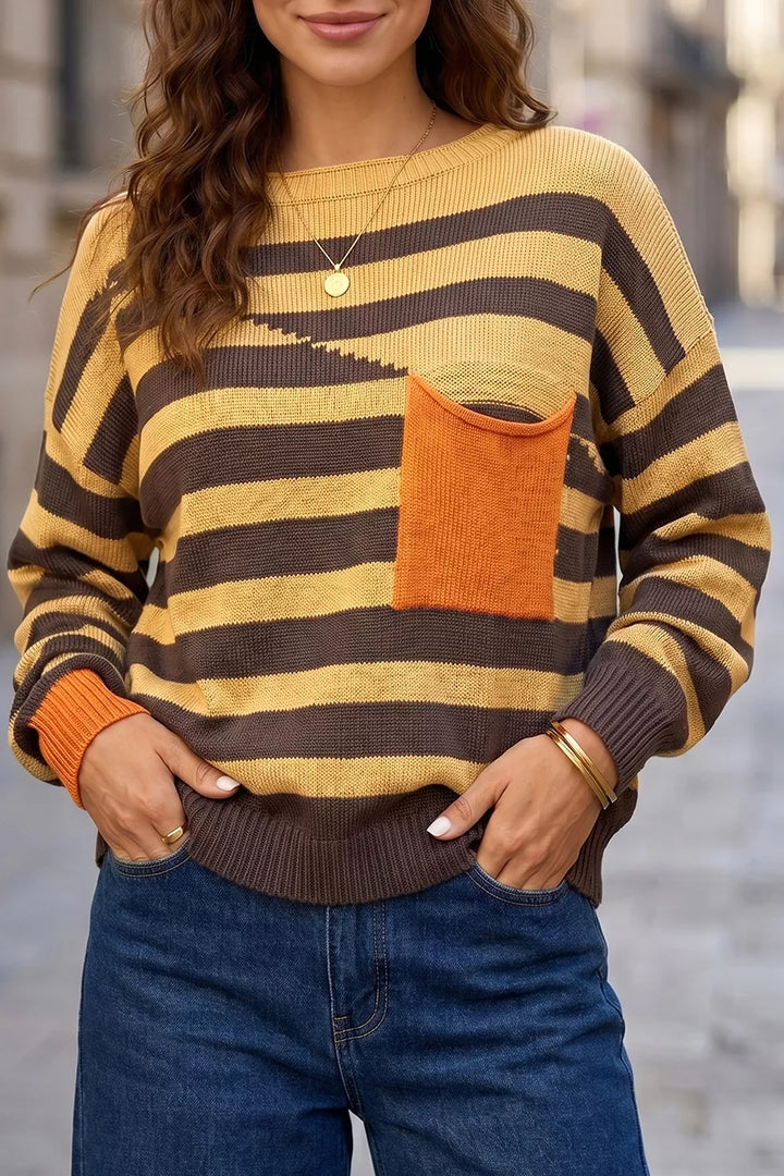 Gold Striped drop shoulder pullover sweater with chest pocket