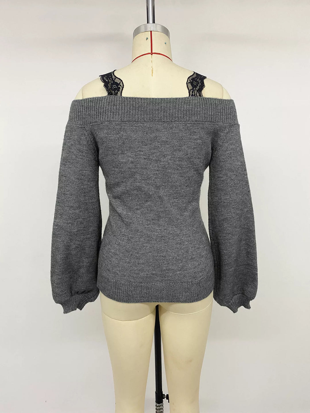 Lace trim off-shoulder V-neck knit sweater