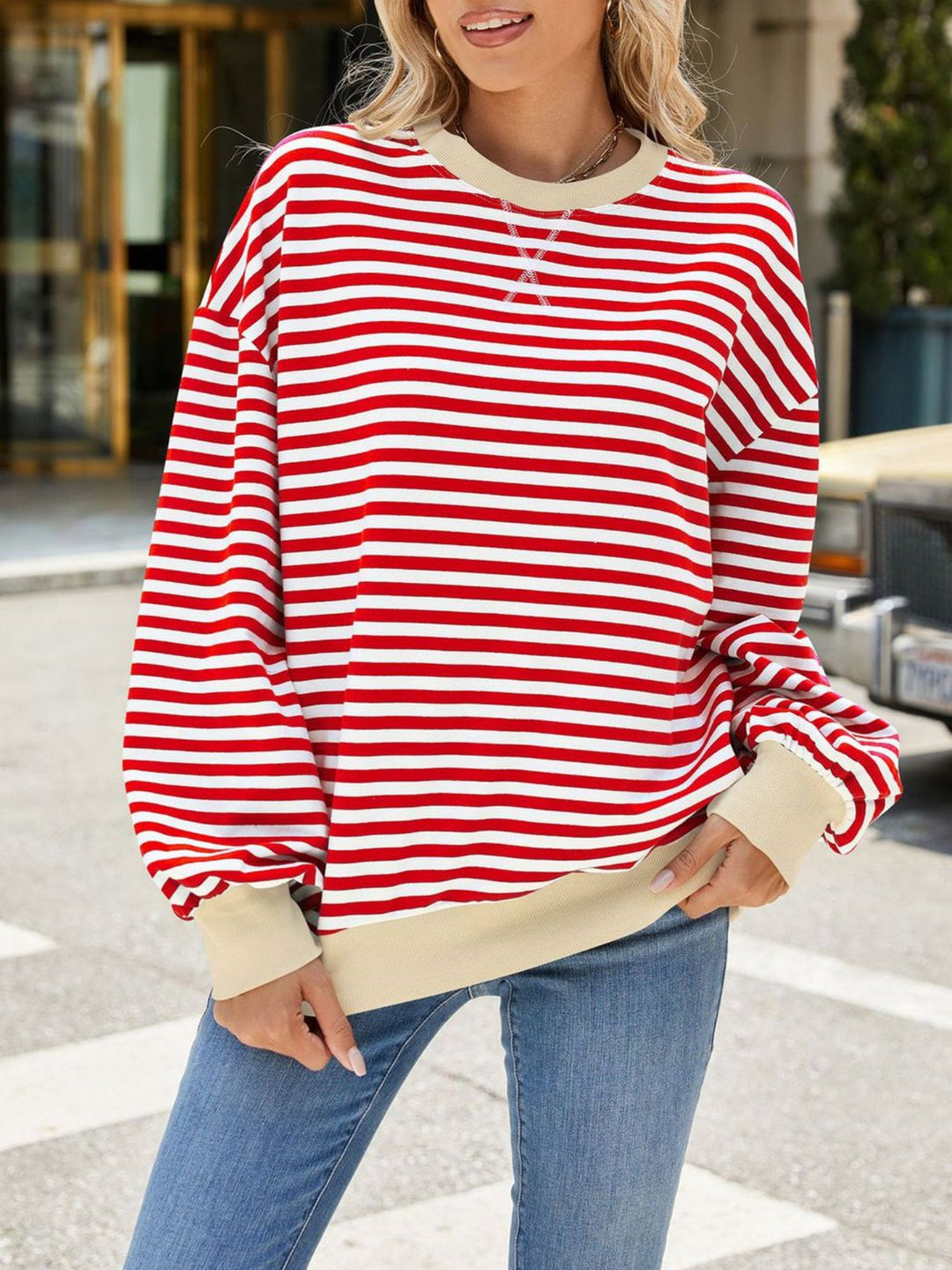 Striped crew neck sweatshirt with contrast ribbed trim
