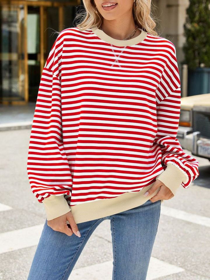Striped crew neck sweatshirt with contrast ribbed trim
