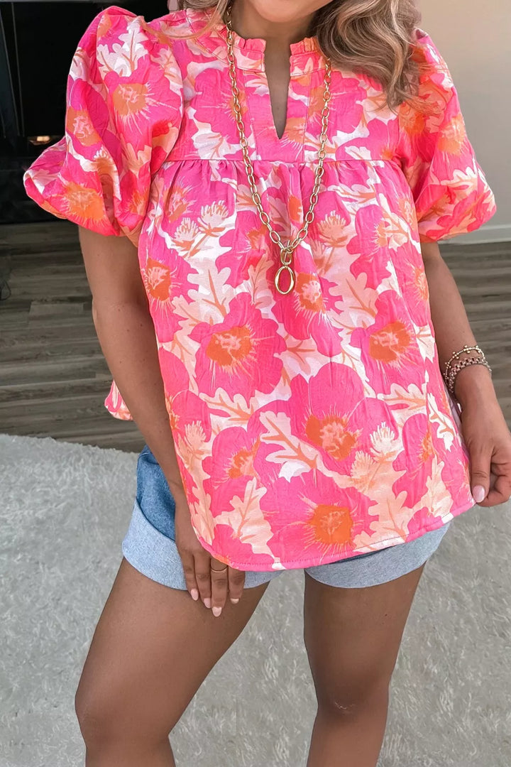 Hot Pink Floral bubble sleeve babydoll blouse with ruffle neckline