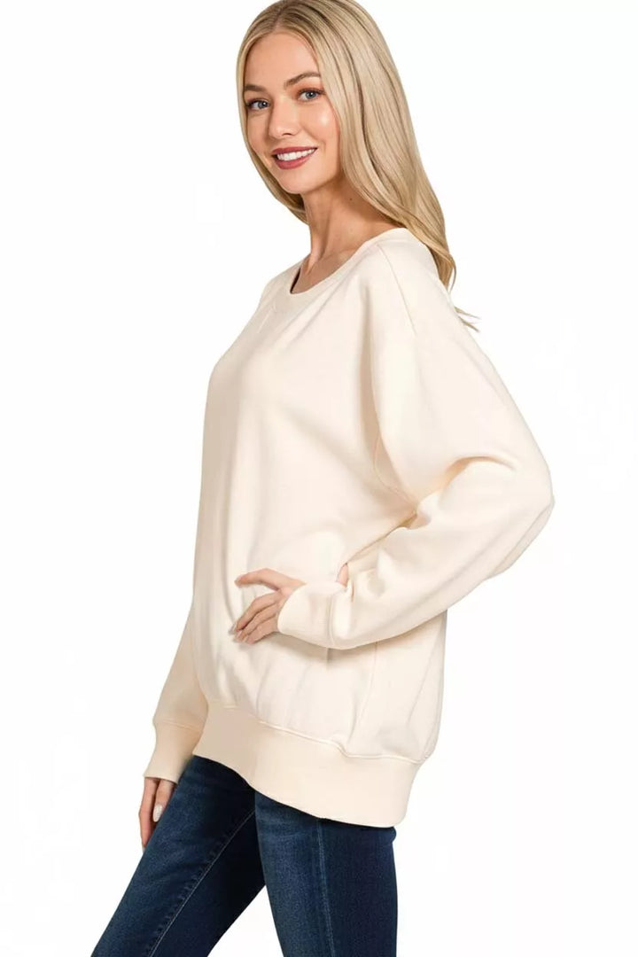 Fleece boat neck sweatshirt with ribbed cuffs and hem