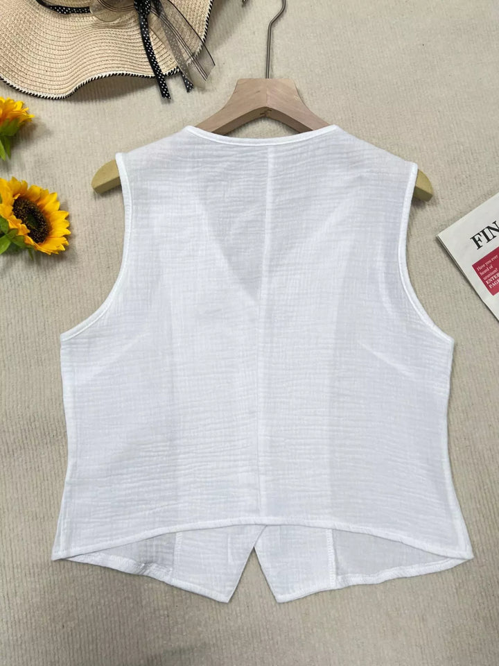 Textured V-neck button-down cropped vest