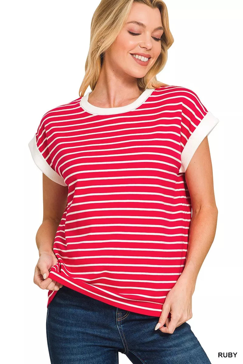 RUBY Striped cap sleeve tee with contrast trim