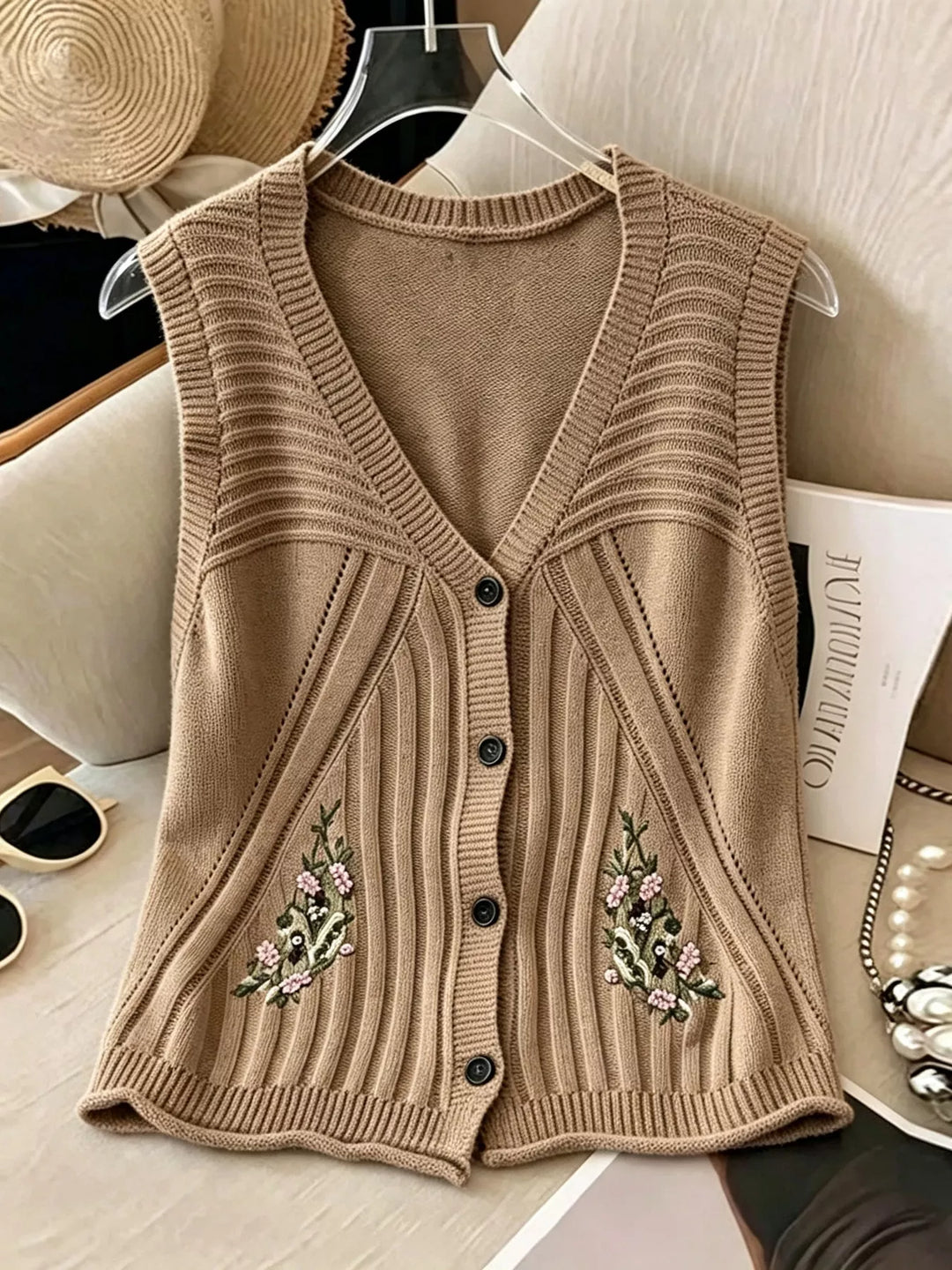 Tan Floral embroidered knit sweater vest with button front