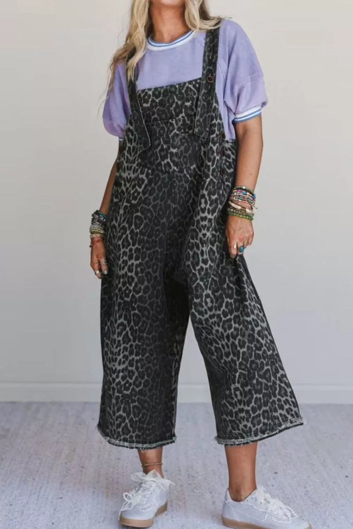 Dark Gray Leopard print cropped wide-leg denim overalls with raw hem