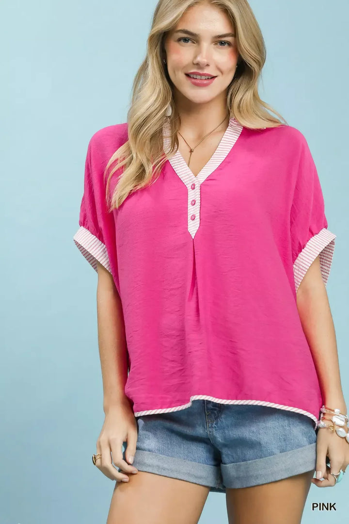 PINK Oversized V-neck top with contrast stripe trim