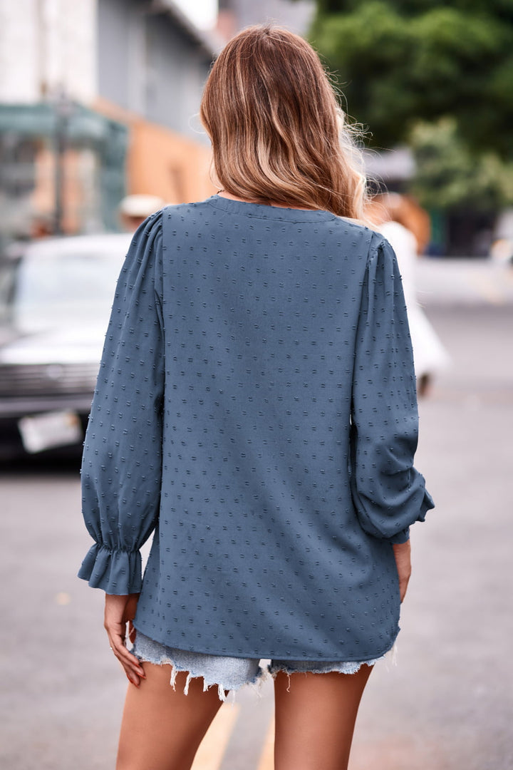 Swiss dot notched neck blouse with flounce sleeves