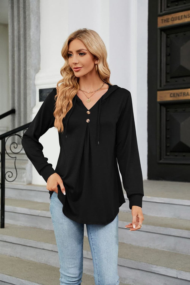 Black Hooded drawstring tunic blouse with button placket