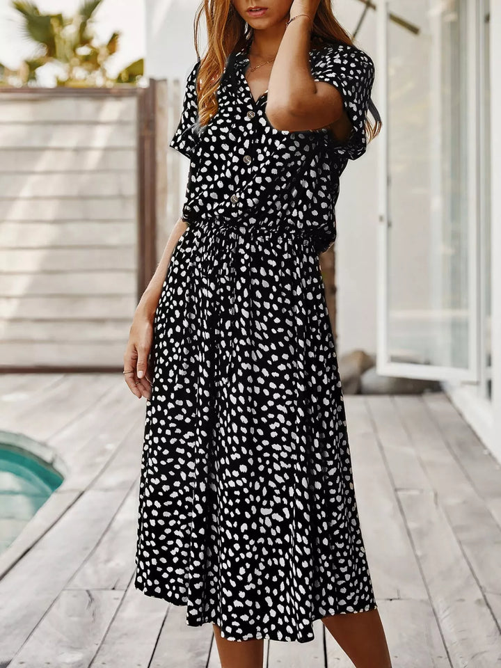 Animal print short sleeve midi shirt dress with tie waist