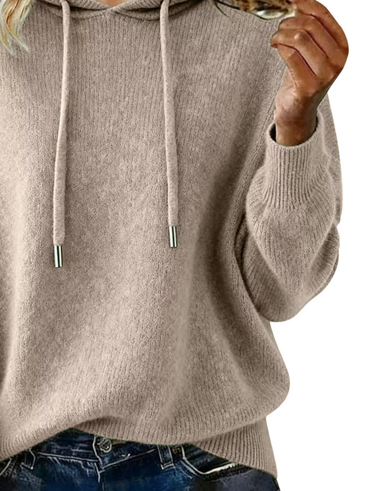Drawstring hooded knit pullover sweater with ribbed cuffs