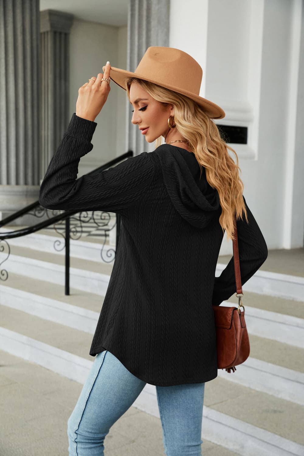 Cable knit hooded top with tie neck and button placket