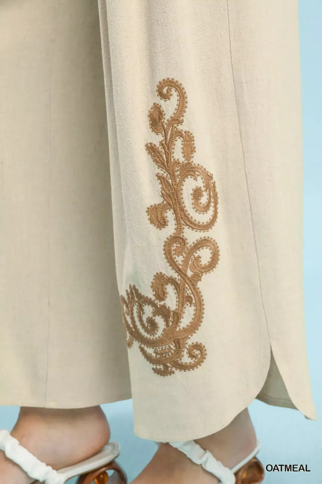 Embroidered wide-leg linen pants with elastic waist