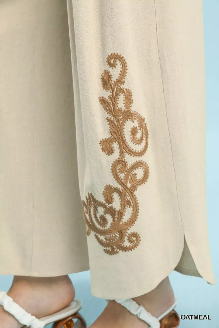 Embroidered wide-leg linen pants with elastic waist