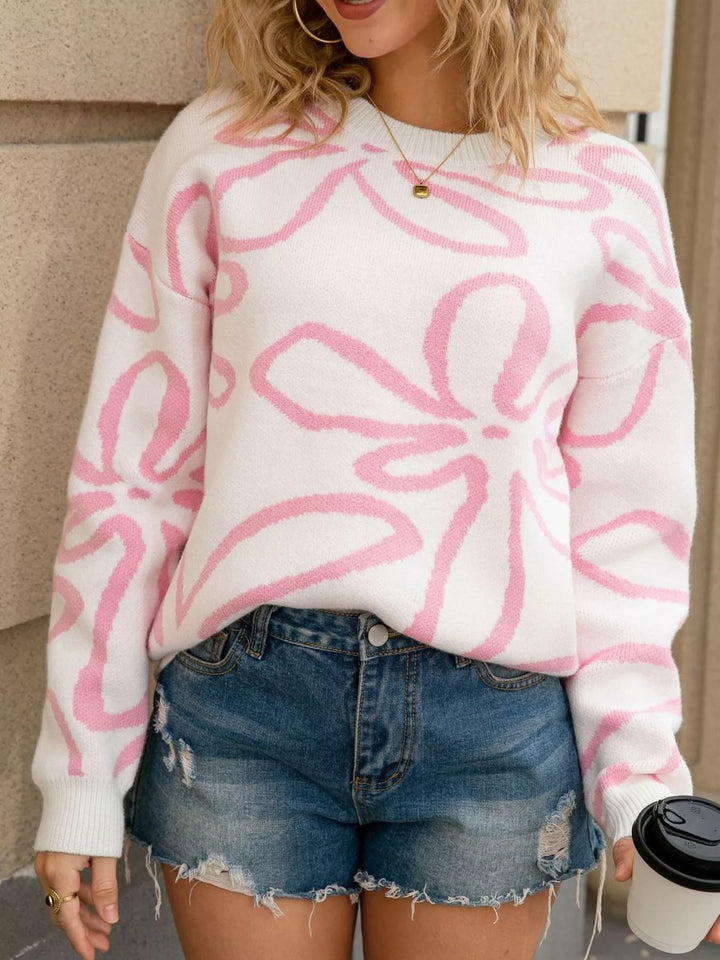 Floral print crew neck knit sweater with ribbed trim