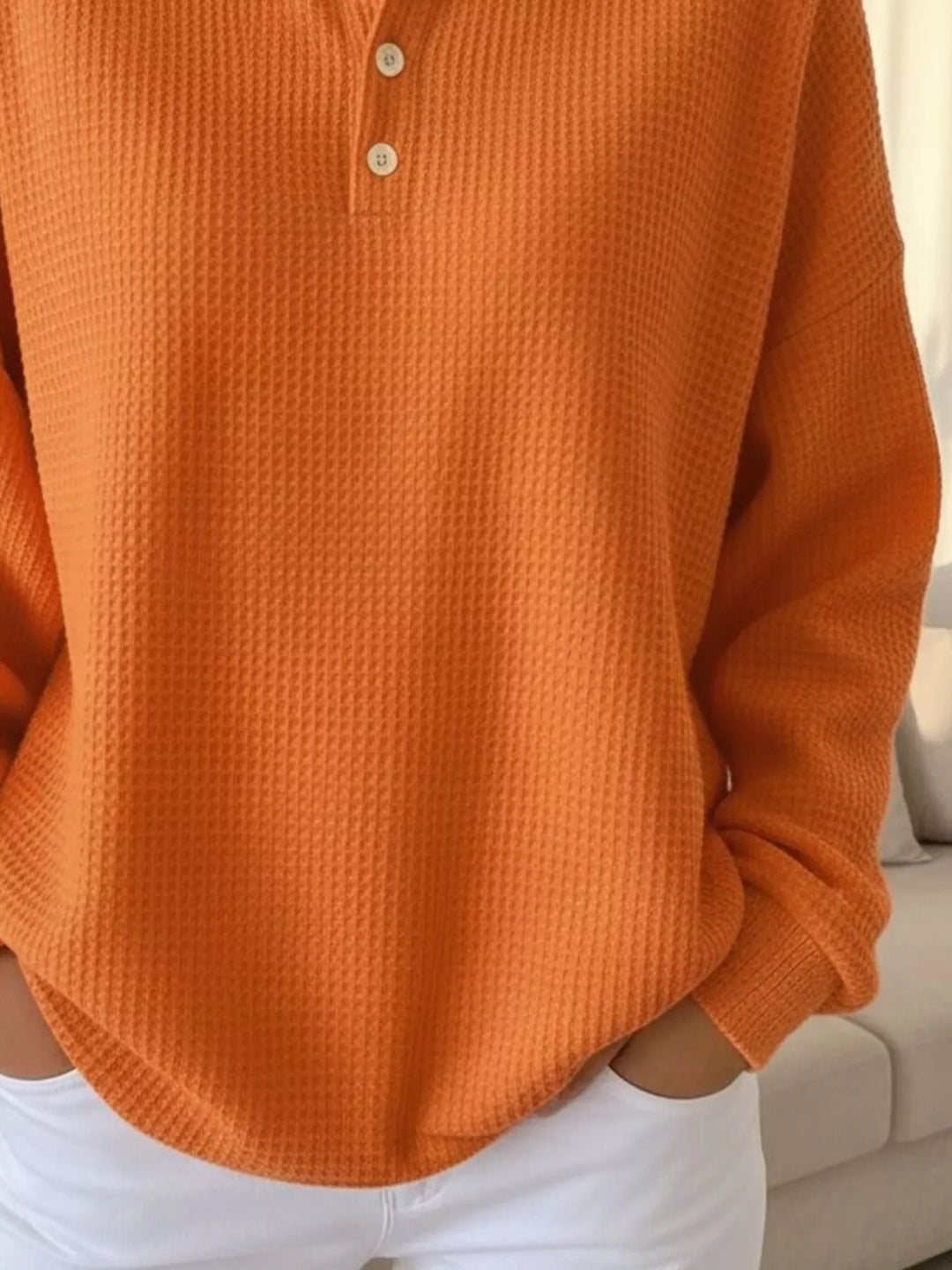 Waffle knit collared pullover with button placket