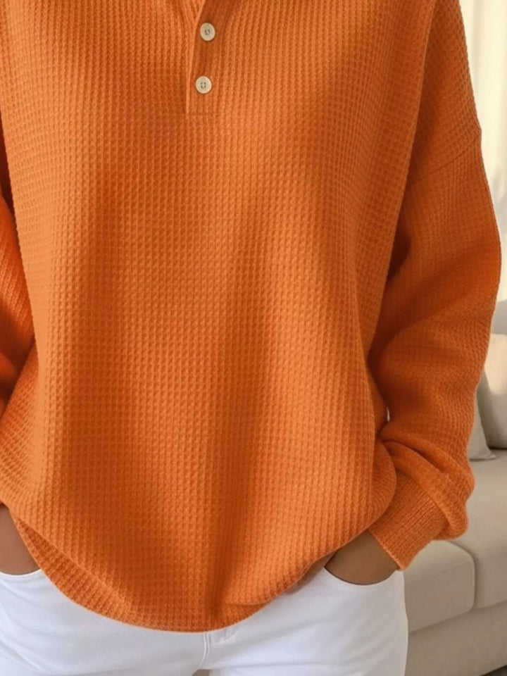 Waffle knit collared pullover with button placket