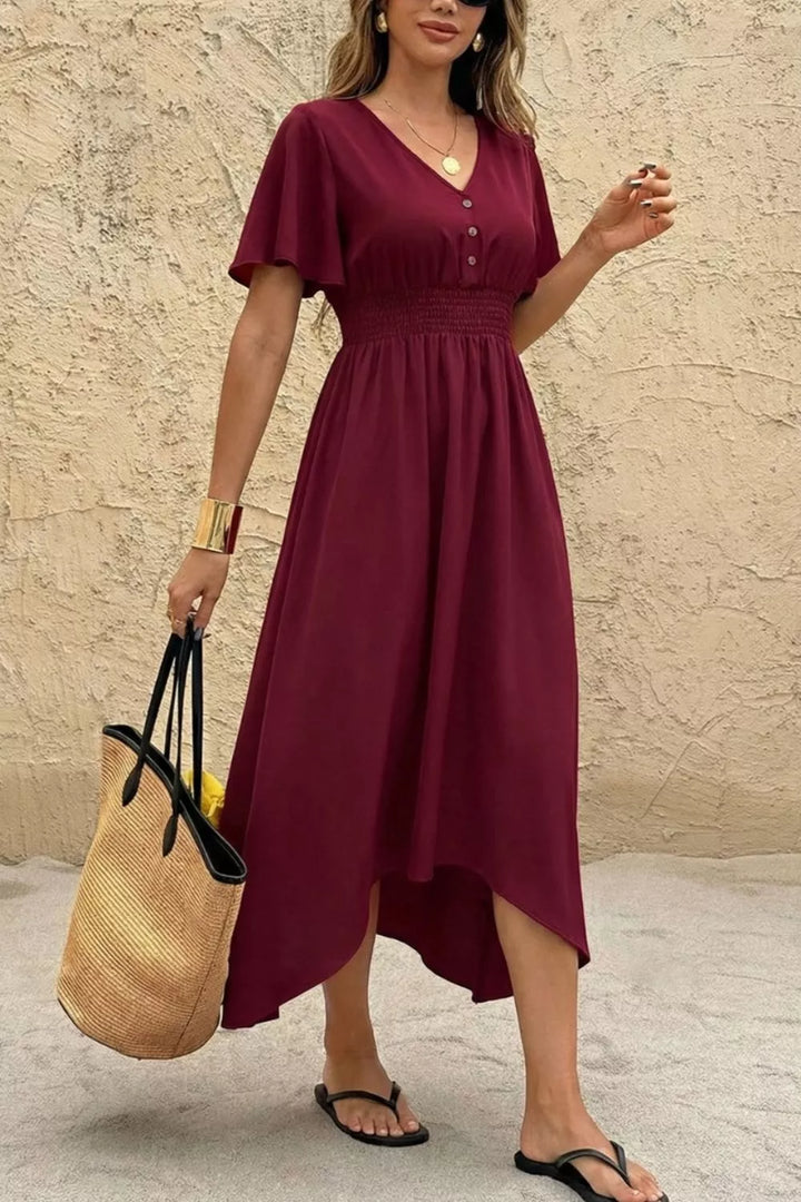 Burgundy Flutter sleeve V-neck smocked waist high-low midi dress