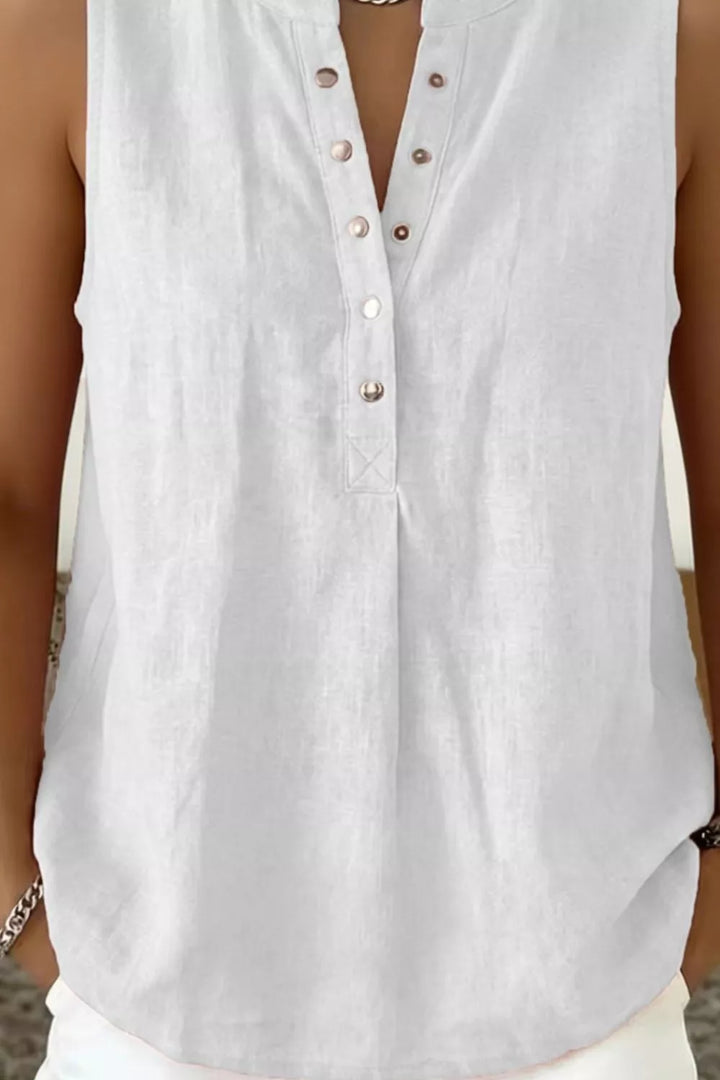 Snap-front sleeveless blouse with V-neckline