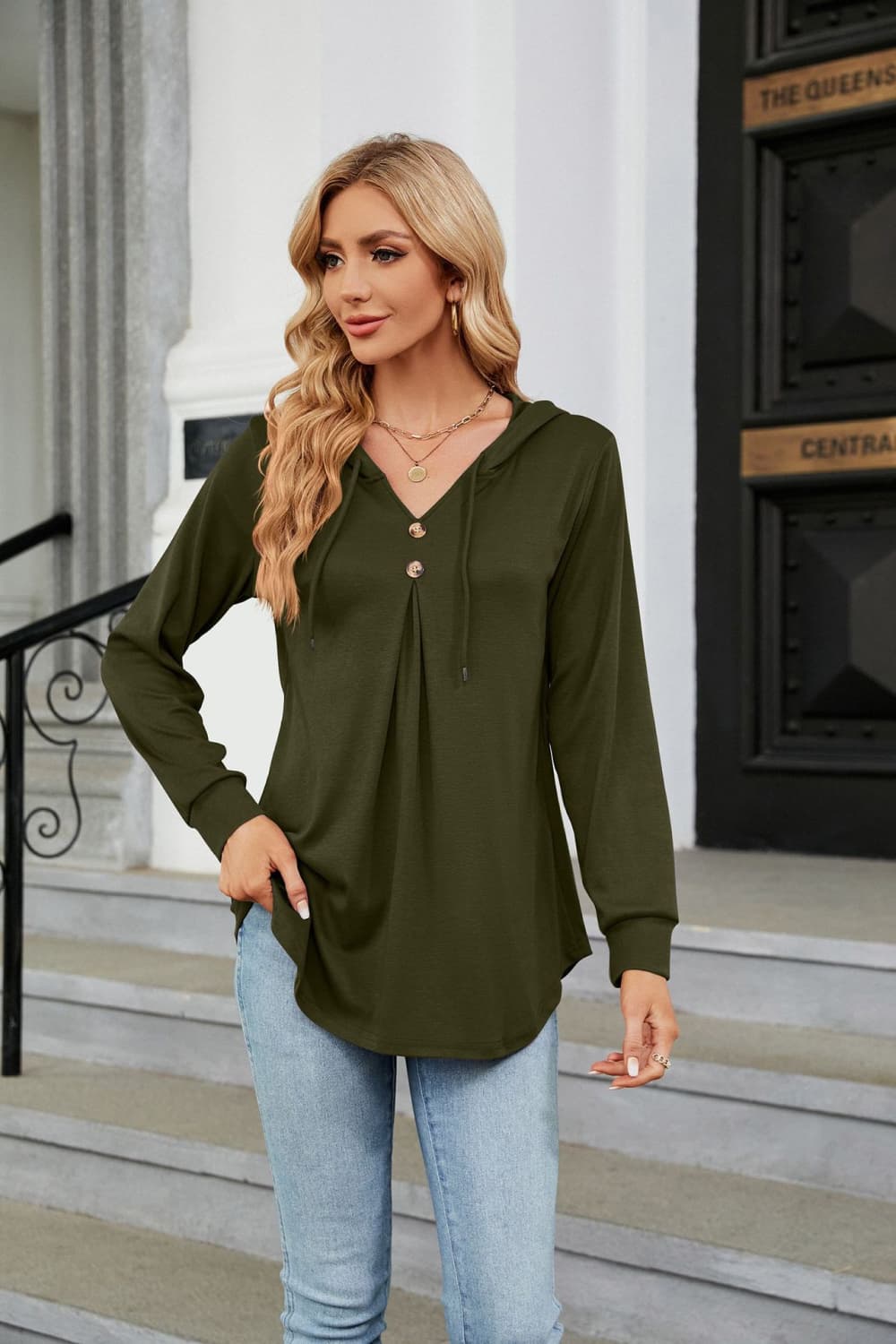 Army Green Hooded drawstring tunic blouse with button placket
