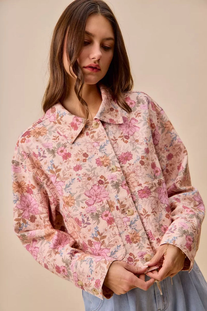 Cropped floral cotton twill barn jacket with patch pockets