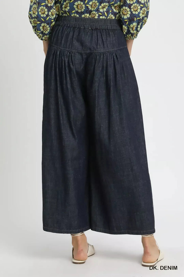High-rise wide-leg button-front denim culottes