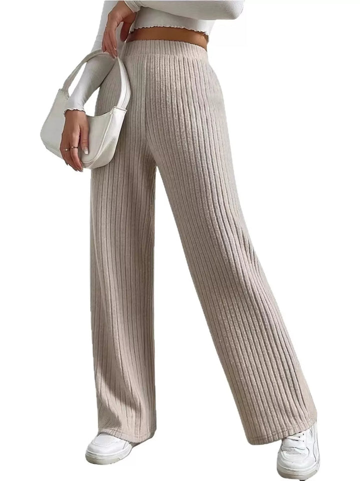 Ribbed knit wide-leg sweater pants with elastic high-rise waist
