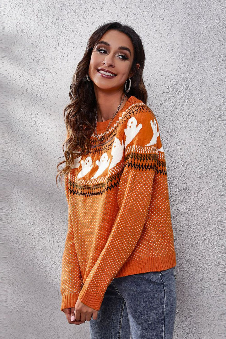 Ghost print Fair Isle knit crew neck pullover sweater