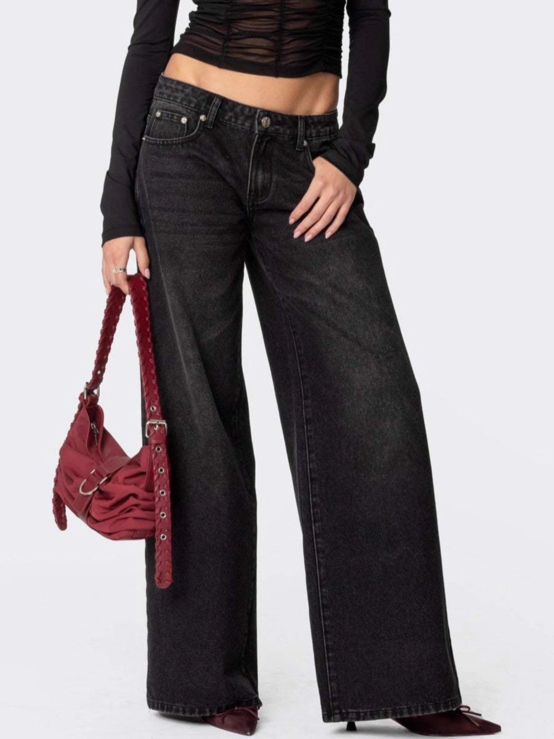 Black Vintage wash wide-leg jeans with whiskered fading