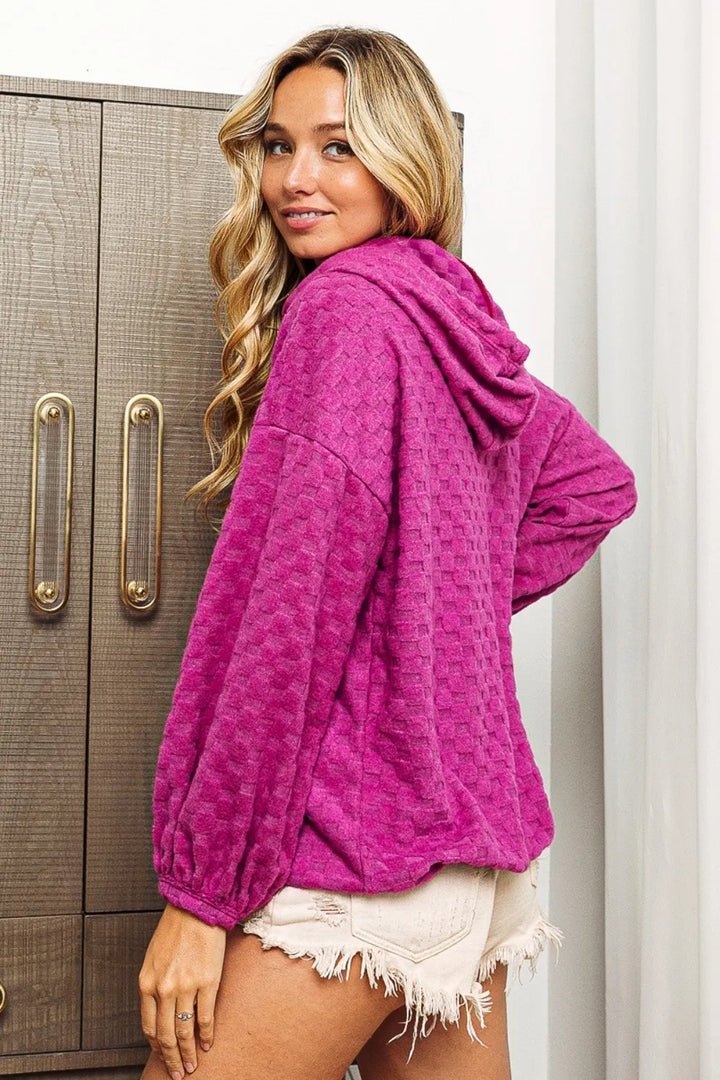 Brushed checker textured knit drawstring hoodie