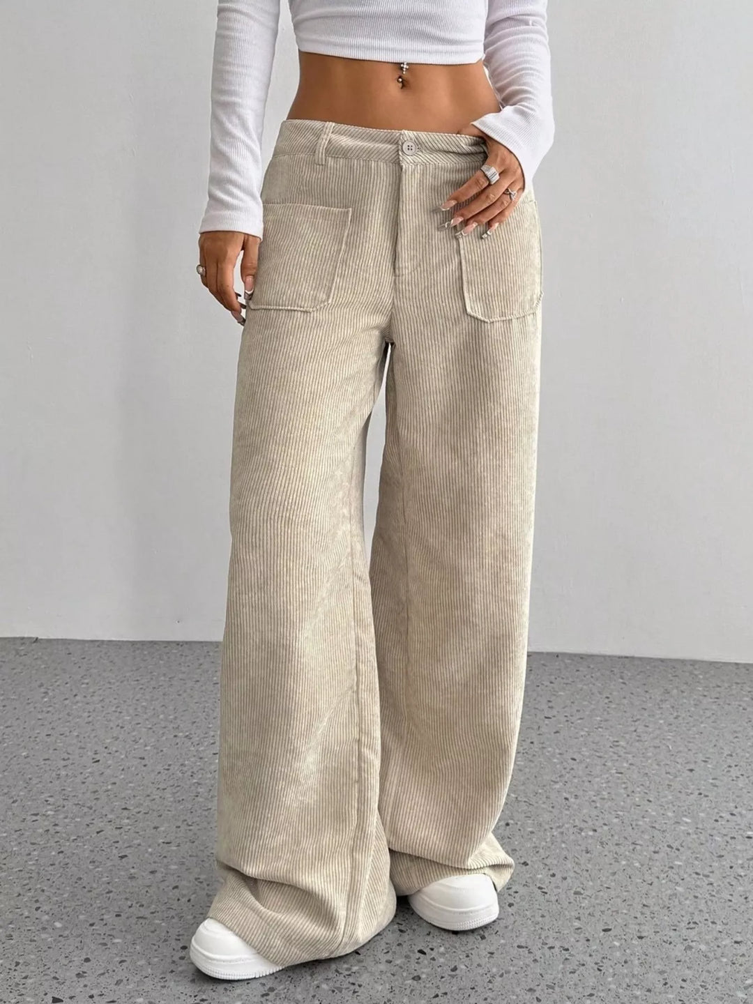 Wide-leg corduroy pants with front patch pockets