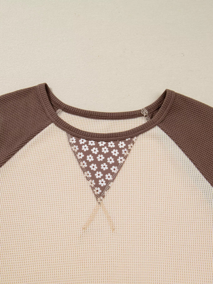 Floral patchwork color block raglan long sleeve top