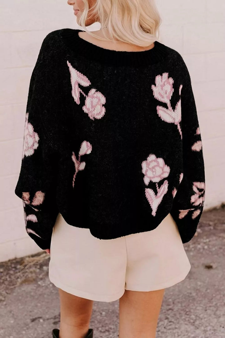 Floral jacquard puff sleeve cropped pullover sweater